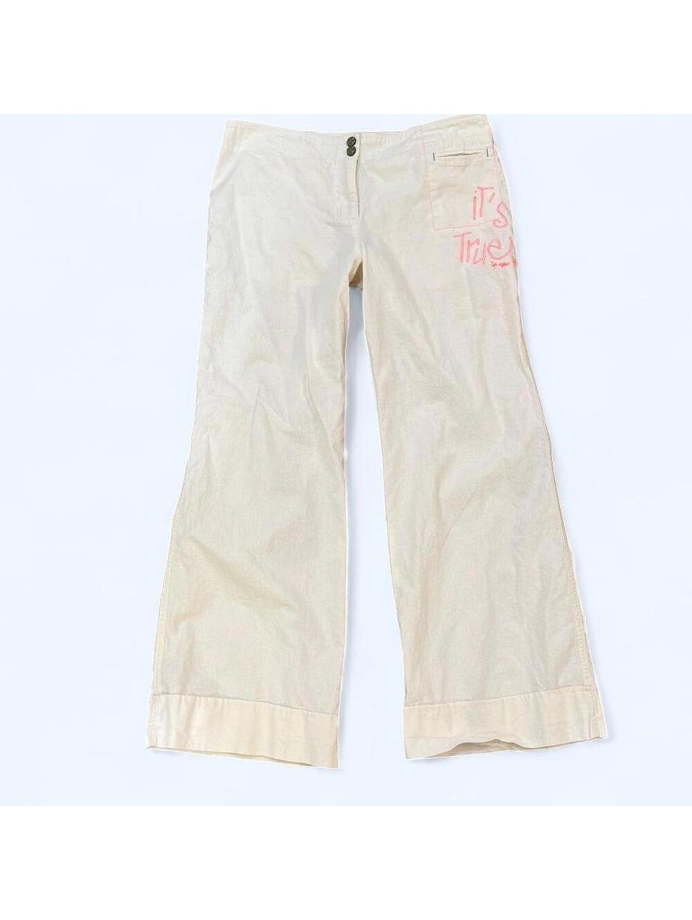 SOLD Y2K cop copine cotton linen blend white pants with neon embroidery Sz. 33"